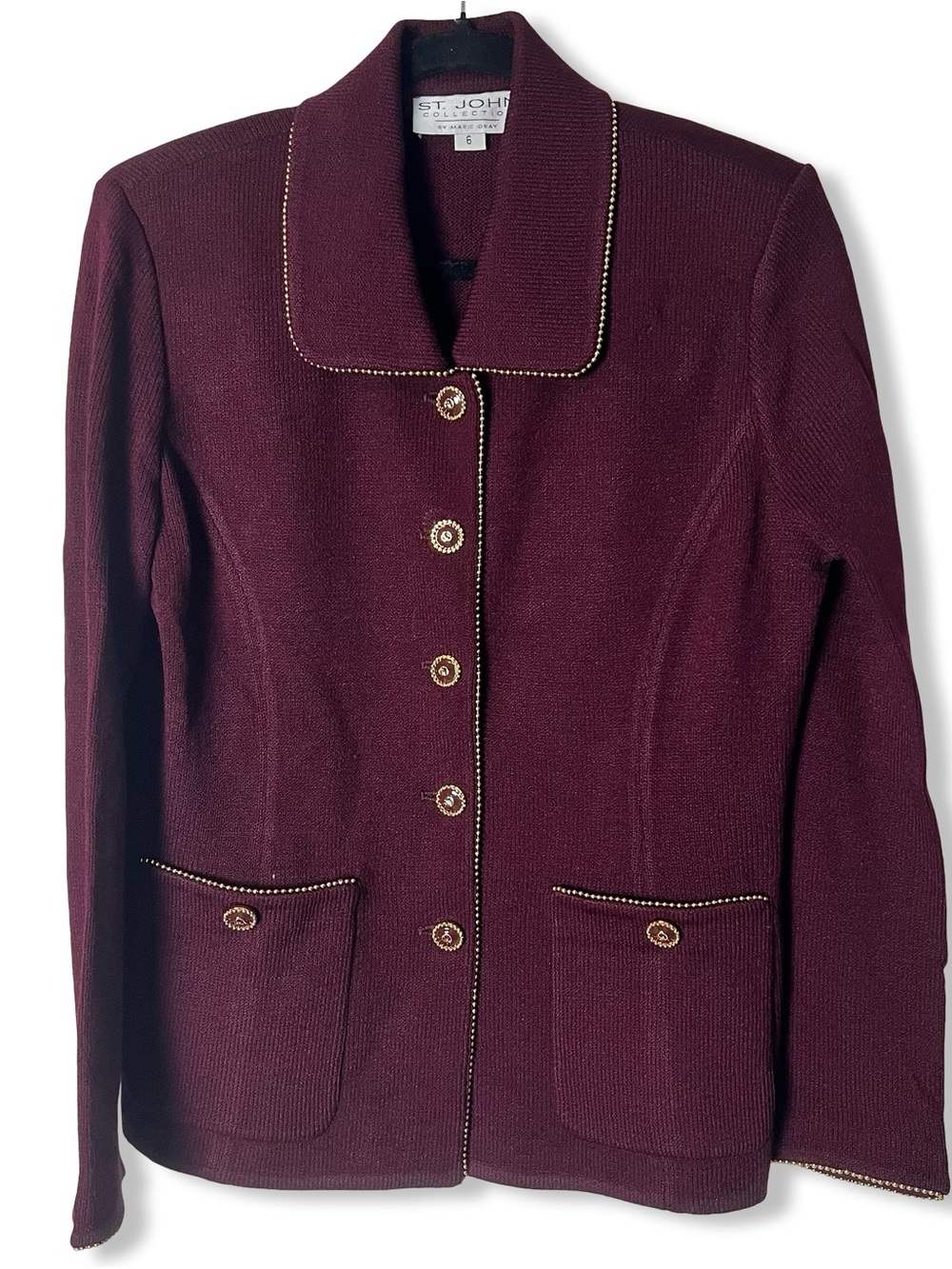 VTG ST JOHN Collection Burgundy Santana Knit Jacket Blazer Gold Beaded Trim Sz 6